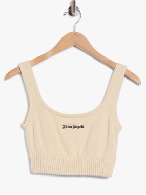 Palm Angels Cream Ribbed Knit Crop Tank with Logo
